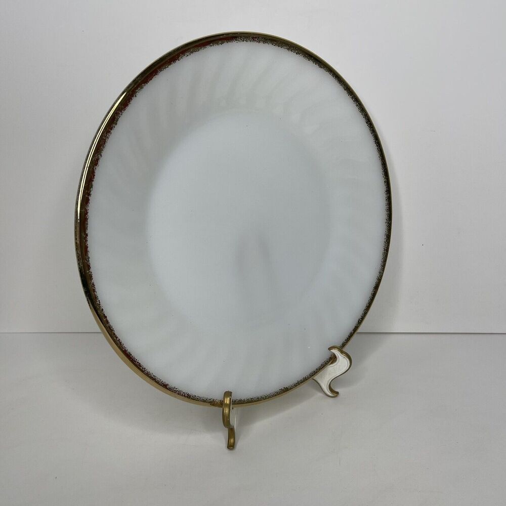Vintage Fire King Oven Ware 9" Dinner Plate White Swirl Gold Trim USA MCM‎